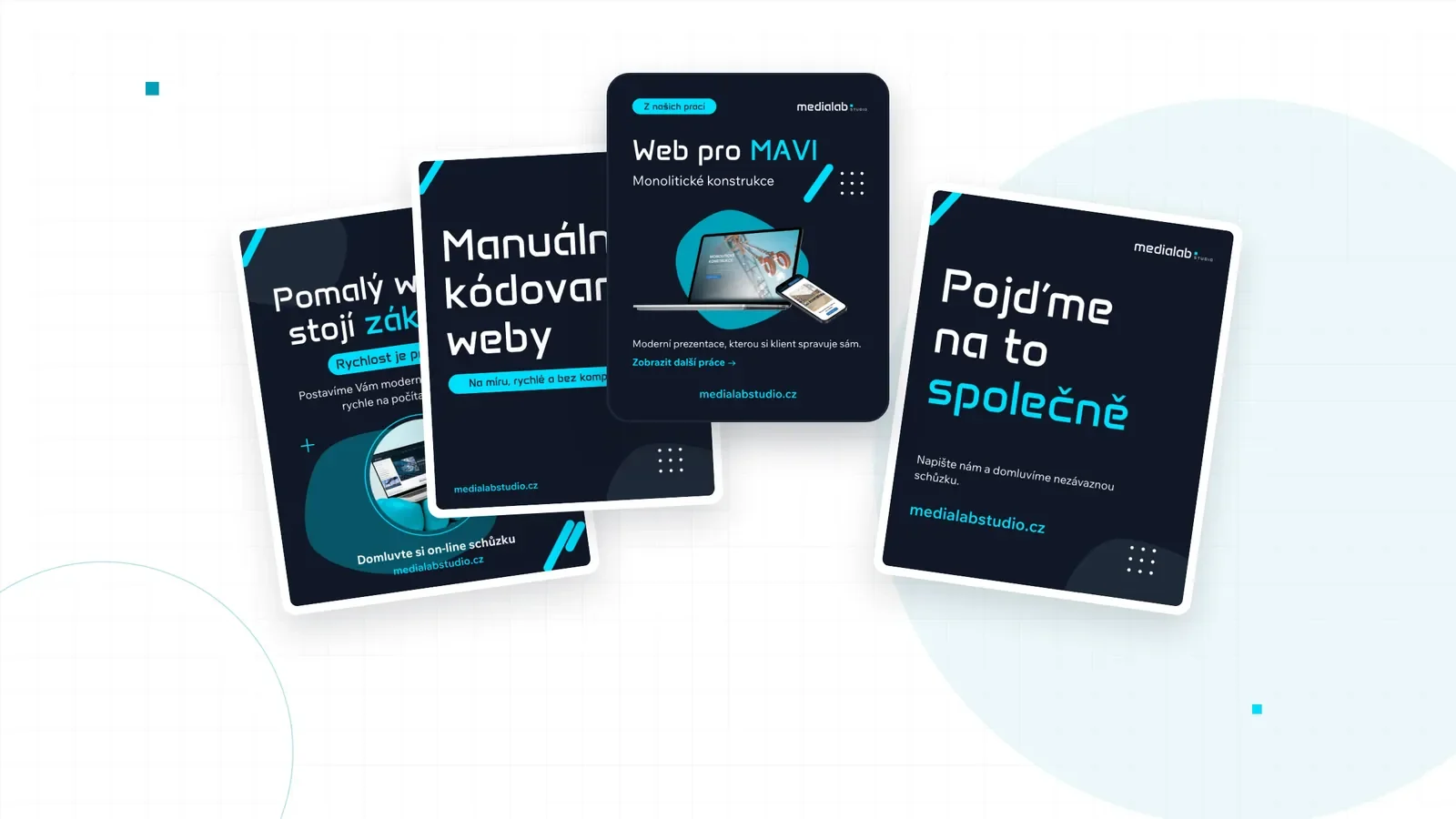 Čtyři příspěvky Media Lab Studio pro sociální sítě, mezi nimi Web pro MAVI a Pojďme na to společně